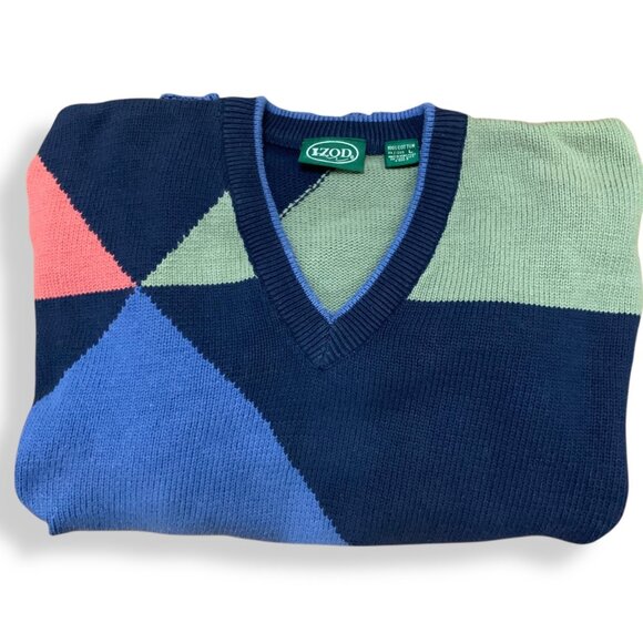 Izod VTG V-Neck Sweater Multicolor Geometric Color block Sz L Heavy Oversized - Picture 6 of 6